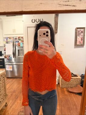 Orange Lace Long-Sleeve Crop Top - Women